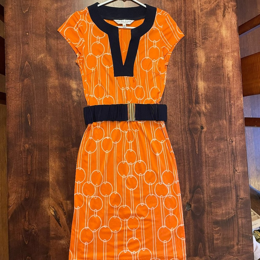 Trina Turk Orange and Navy Midi Dress Size 2